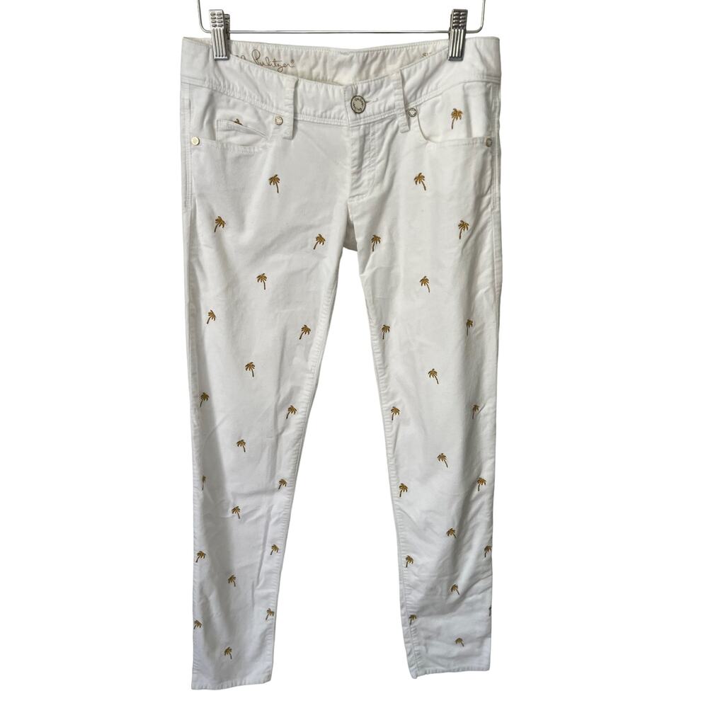 Lilly Pulitzer White Gold Palm Tree Embroidery Low Rise Worth Skinny Pant Size 0